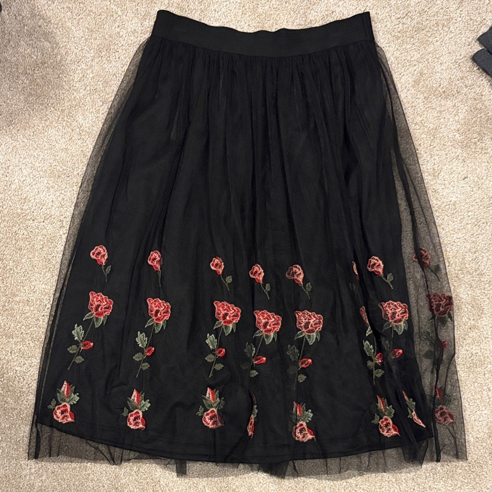 Miami Black Skirt with Red Floral Embroidery